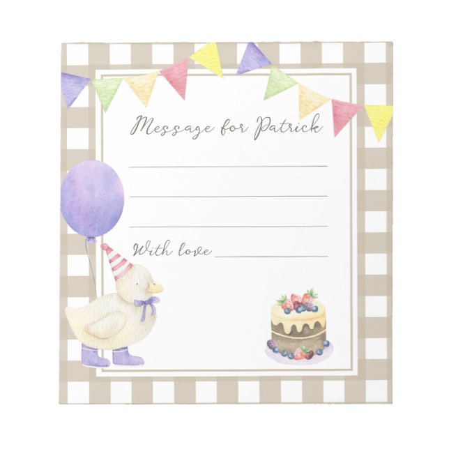 Bloc-note Message de capsule d'anniversaire de canard (Devant)