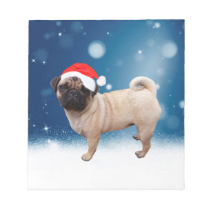 Bloc-note Mignonne chien Carlin Noël Père Noël Chapeau Neige