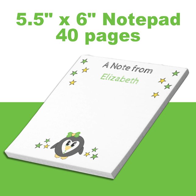 Bloc-note Mignonnes étoiles de manchot et nom enfants verts (Créateur téléchargé)