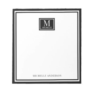 Bloc-note Minimaliste Deux Bordures Monogramme Nom Noir Blan