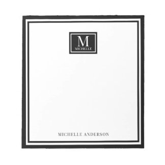 Bloc-note Minimaliste Deux Bordures Monogramme Nom Noir Blan
