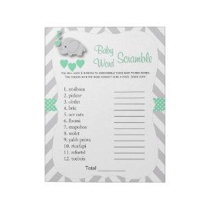 Bloc-note Mint Green & Grey Elephant Baby shower Mot Jeu
