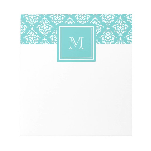 Bloc-note Modèle Damas turquoise 1 avec Monogramme (Devant)