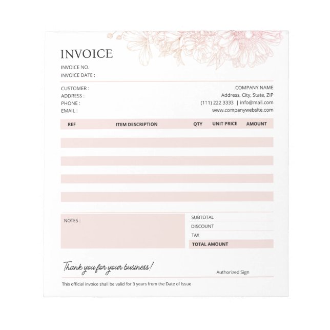 Bloc-note Modèle de vente des factures commerciales florales (Devant)