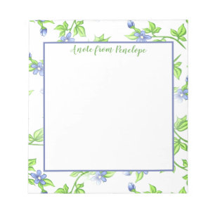 Bloc-note Modèle Floral bleu vintage et vert avec nom
