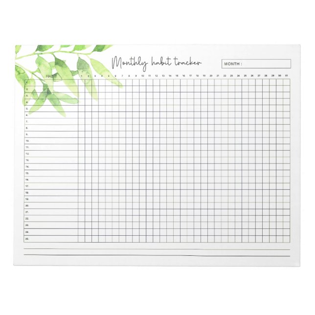 Bloc-note Mois Feuilles verts de l'aquarelle de suivi des ha (Devant)