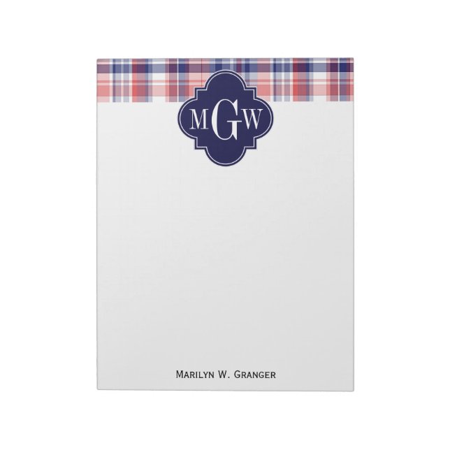 Bloc-note Monograme de Red White Blue Preppy Madras (Tourné)