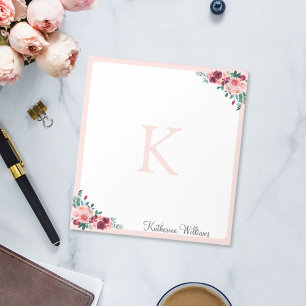 Bloc-note Monogramme Aquarelle Boho rose Bourgogne Rose Fleu