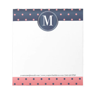 Bloc-note Monogramme Bleu Ardoise et Polka Dots Corail