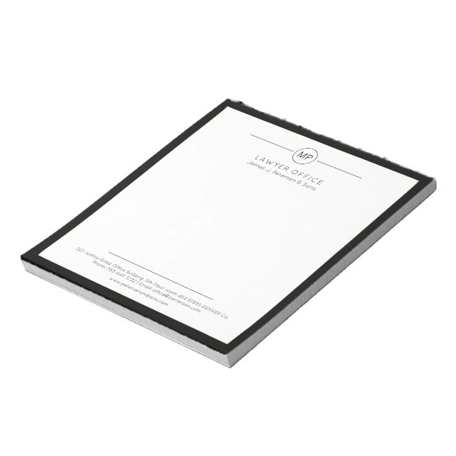 Bloc-note Monogramme d'avocat noir et blanc de bureau modern (Tourné)