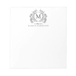 Bloc-note Monogramme de crête florale noir et blanc classiqu