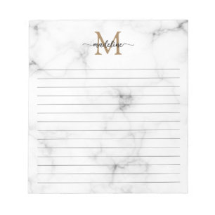 Bloc-note Monogramme de script girly en marbre moderne or