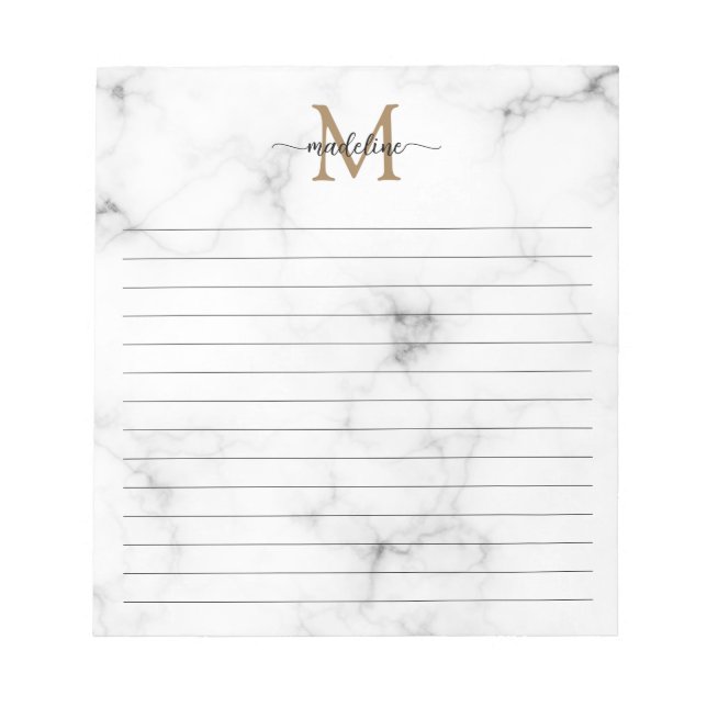 Bloc-note Monogramme de script girly en marbre moderne or (Devant)