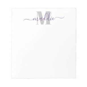 Bloc-note Monogramme de script girly tendance, violet et gri