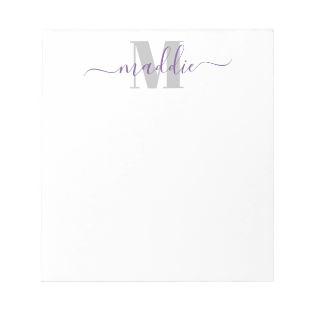 Bloc-note Monogramme de script girly tendance, violet et gri (Devant)