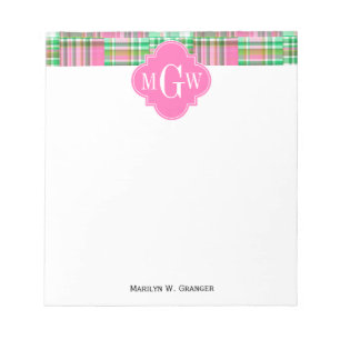 Bloc-note Monogramme Emerald Hot rose Preppwork Madras