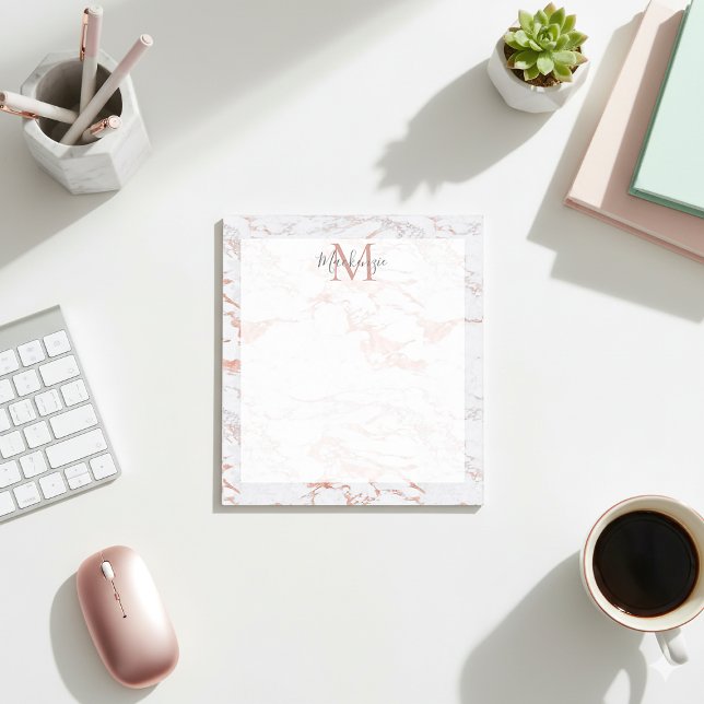 Bloc-note Monogramme en marbre or Rose chic (Chic Rose Gold Foil Marble Monogram Notepad)