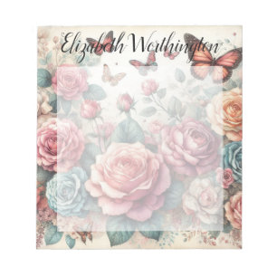 Bloc-note Monogramme et nom sur fleurs aquarelles vintage 