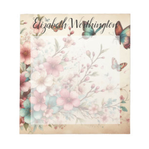 Bloc-note Monogramme et nom sur fleurs aquarelles vintage