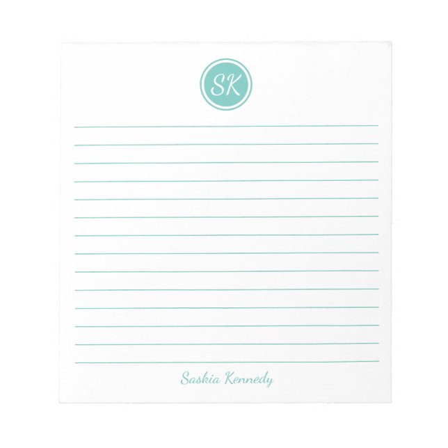 Bloc-note Monogramme linéaire d'aqua simple et élégant Nom (Devant)