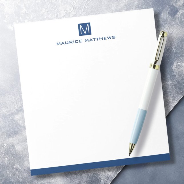 Bloc-note monogramme masculin moderne nom carré bleu foncé (Modern masculine monogram name dark blue square notepad)