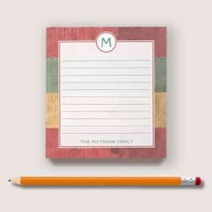 Bloc-note Monogramme rustique Rouge Vert Or Nom de bois Noël
