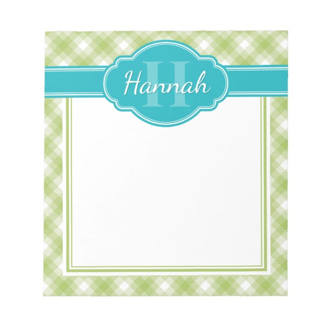 Bloc-note Monogramme Turquoise vert blanc Plaid Motif (Devant)