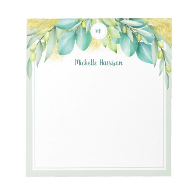 Bloc-note Monogramme Vert Eucalyptus Feuille Olive (Devant)
