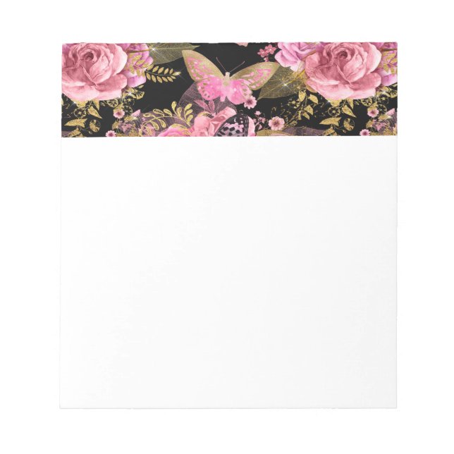 Bloc-note Motif à papillon floral rose et or (Devant)