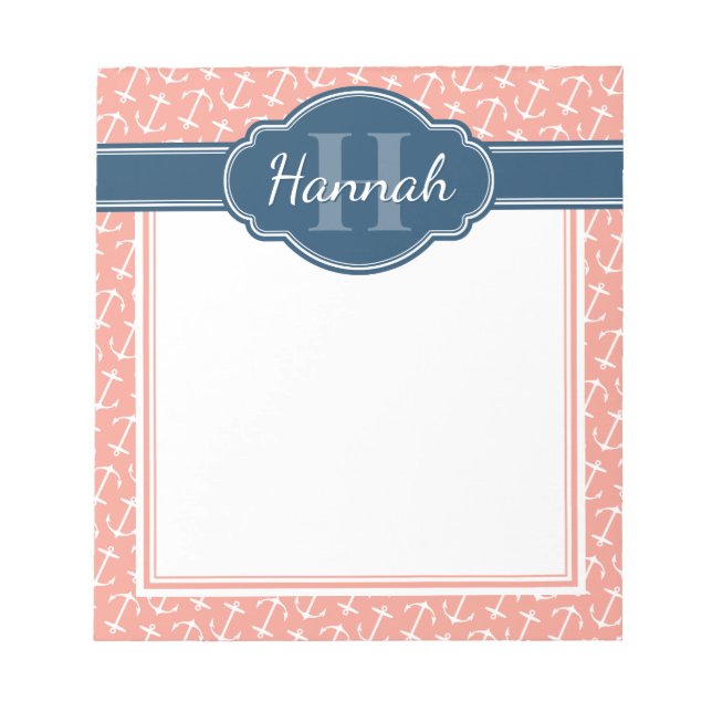 Bloc-note Motif Ancre rose blanc bleu Monogramme (Devant)