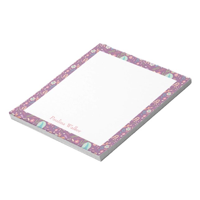 Bloc-note Motif floral mou en violet avec nom (Tourné)
