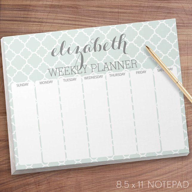 Bloc-note Motif Quatrefoil gris et Mint du planificateur heb (Weekly Planner Notepad - Personalized)