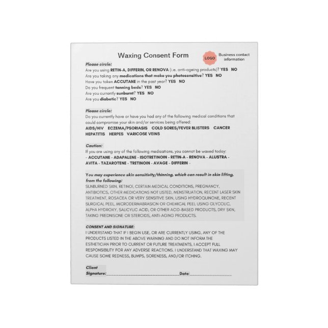 Bloc-note *New* Spa salon waxing consent form notepad (Tourné)