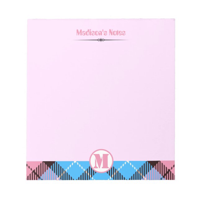 Bloc-note Nom de script de monogramme à carreaux tartan rose (Devant)