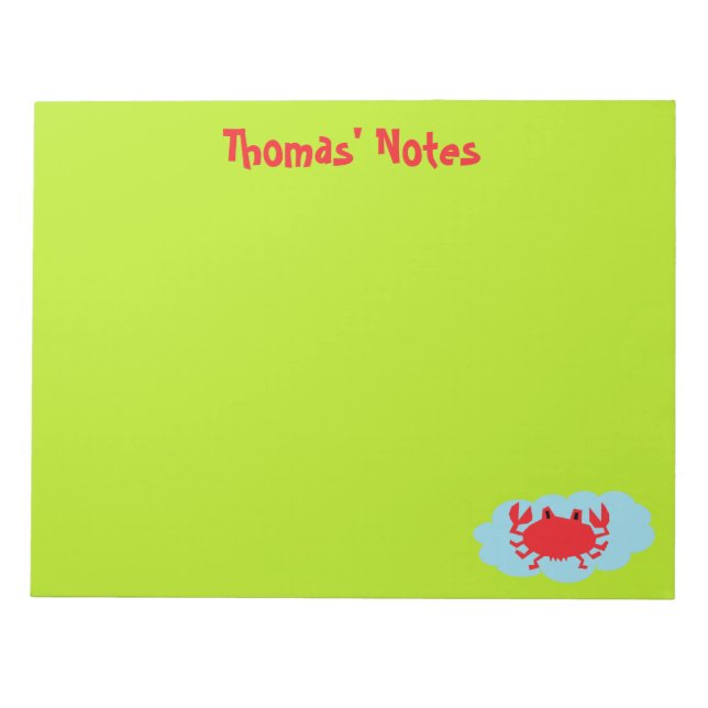 Bloc-note Nom personnalisé crabe rouge sur bleu et vert (Devant)
