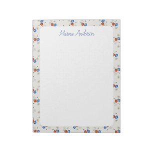 Bloc-note Nom personnalisé floral rouge blanc et bleu élégan