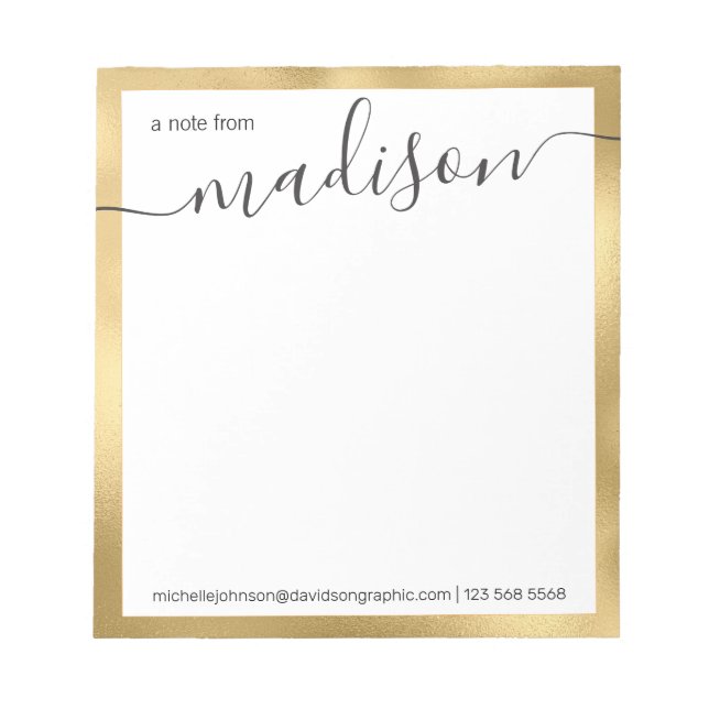 Bloc-note Nom personnalisé Gold White | À Partir Du Bureau D (Devant)
