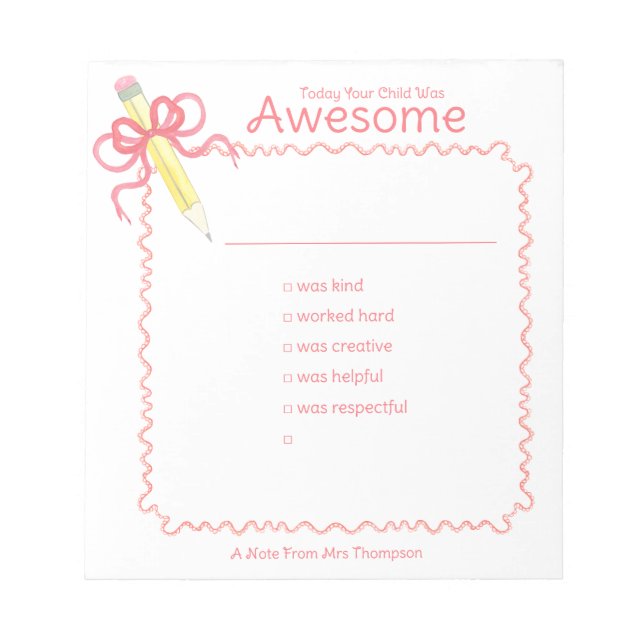 Bloc-note Note de bon comportement de l'enseignant | Crayon  (Devant)