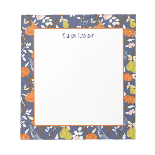 Bloc-note Oiseaux de Chinoiserie orange et bleu (Devant)