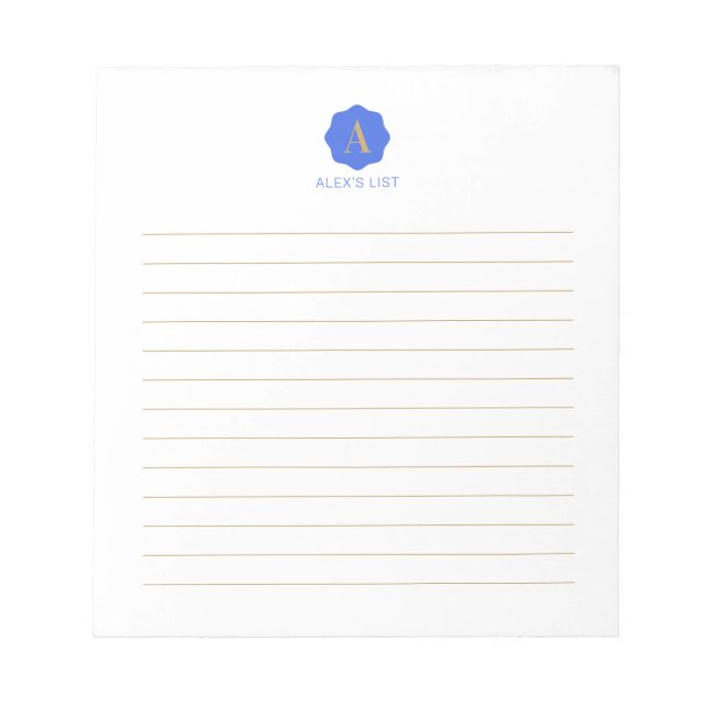 Bloc-note Or & Bleu Simple Moderne Monogramme Personnalisé (Devant)