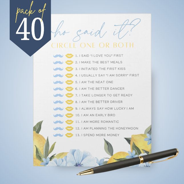 Bloc-note Pack de jeu de douche Lemon He Said She Said (Main Squeeze Lemon and Blue Flower Guess Who Said It Bridal Shower Game Pack of 40 Games)