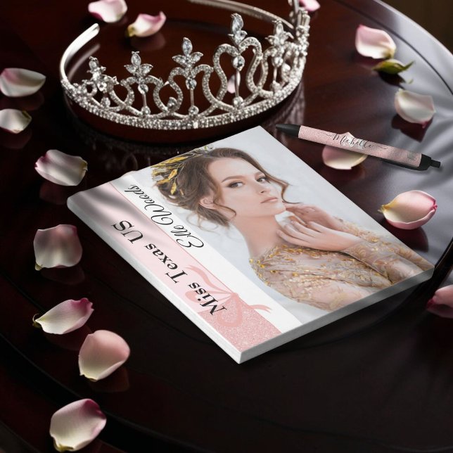Bloc-note Pad auto-graphe personnalisé Pastel Parties scinti (This custom pageant autograph pad features your name, title and photo, with rose gold glitter border)