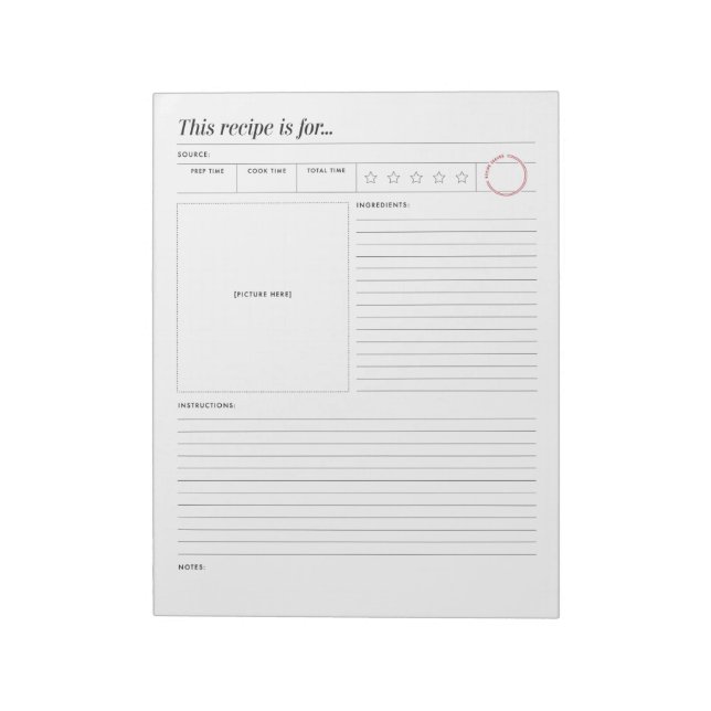 Bloc-note Page de recette avec note d'étoile et photo (Tourné)
