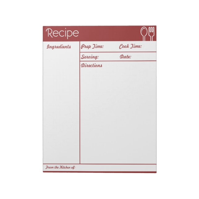 Bloc-note Page Recette rouge sans ligne simple (Tourné)