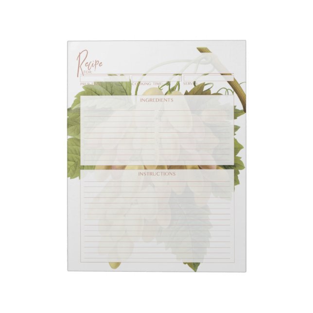 Bloc-note Pages de recettes de raisins blancs botaniques (Tourné)