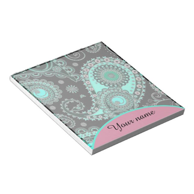 Bloc-note Paisley Turquoise et rose personnalisé (Incliné)
