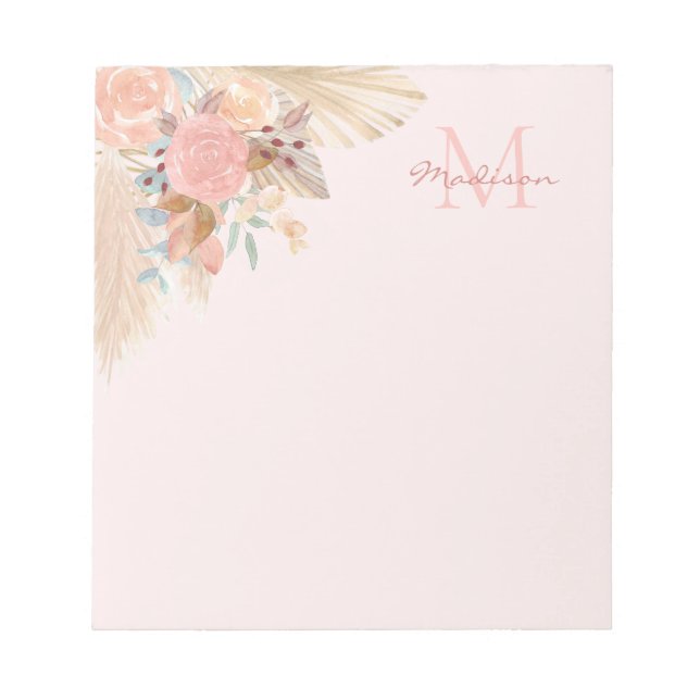 Bloc-note Pampas Grass Rose Gold Flores Nom Monogramme (Devant)