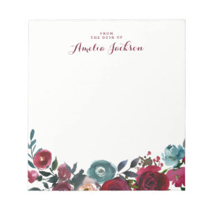Bloc-note Papeterie de note personnalisée florale Bourgogne