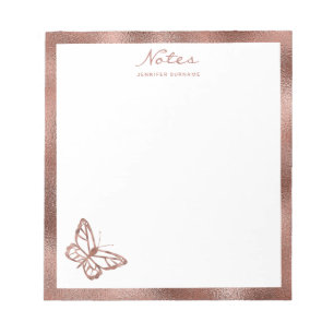 Bloc-note Papier alu Faux Rose Gold Papillon & Texte personn