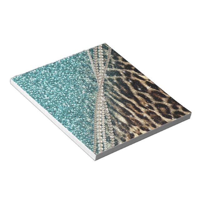 Bloc-note Parties scintillant Bleu Empreinte de léopard chic (Incliné)